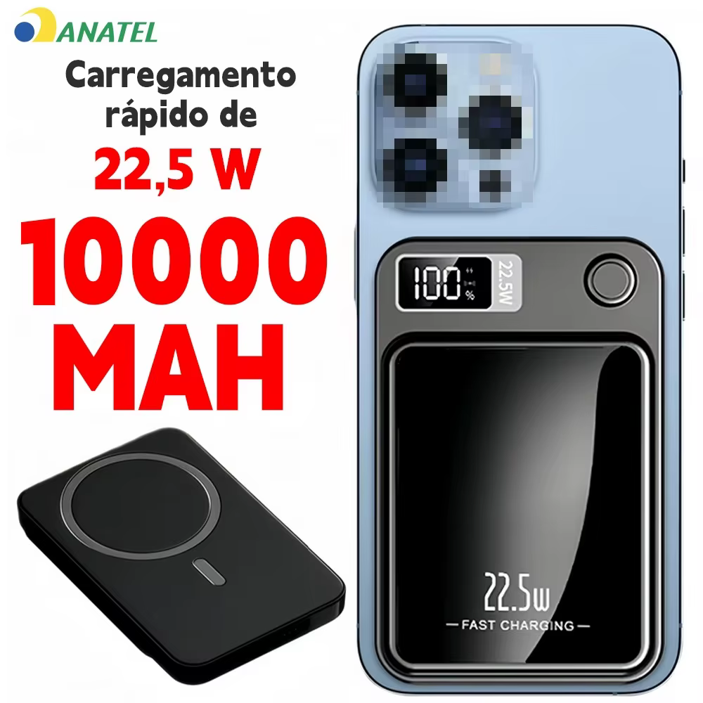 Power Bank Magnético 10.000mAh com Carregamento Sem Fio e Tela Digital